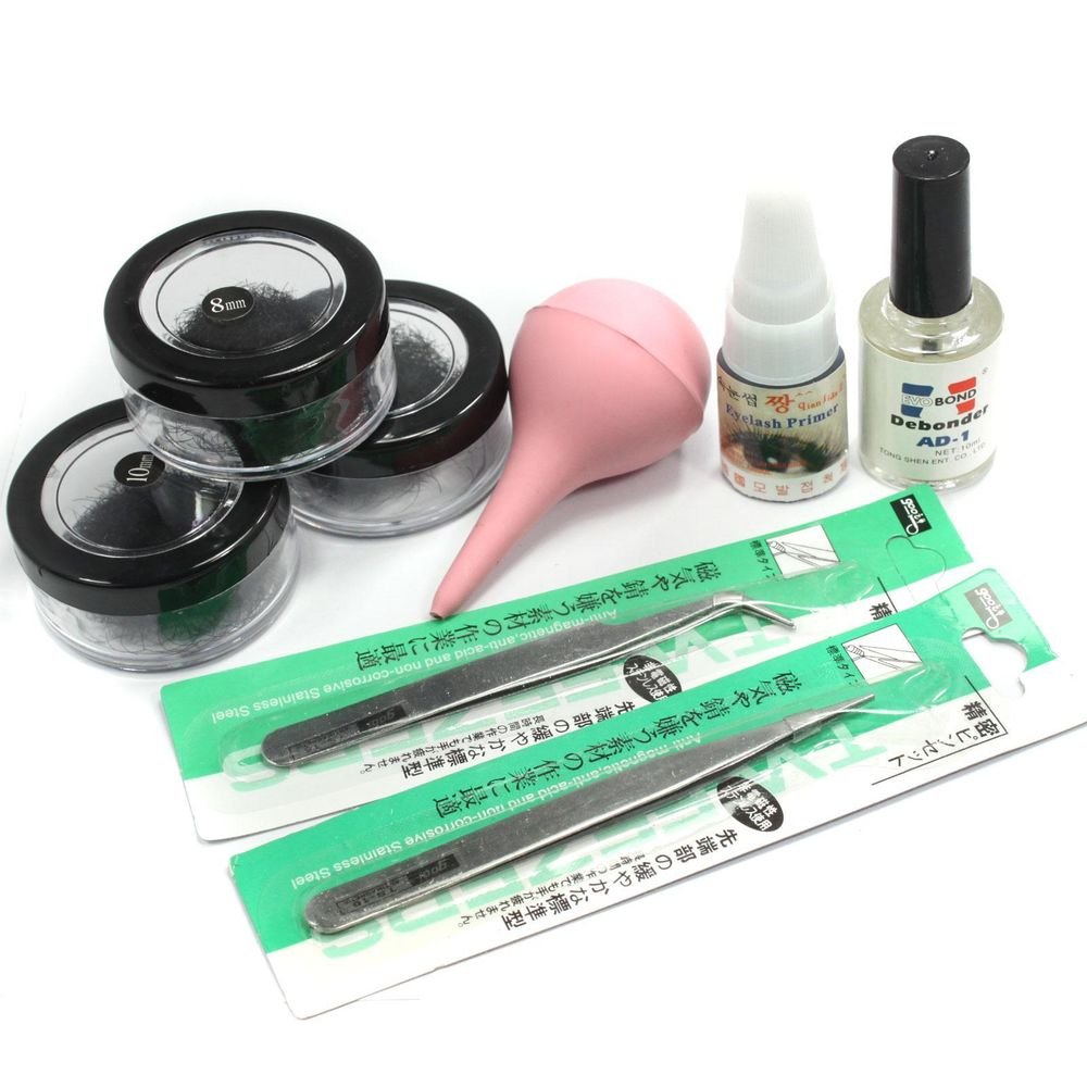 8 10 12 mm False Individual Extension Black Eyelash Glue Remover Tweezer Kit Set
