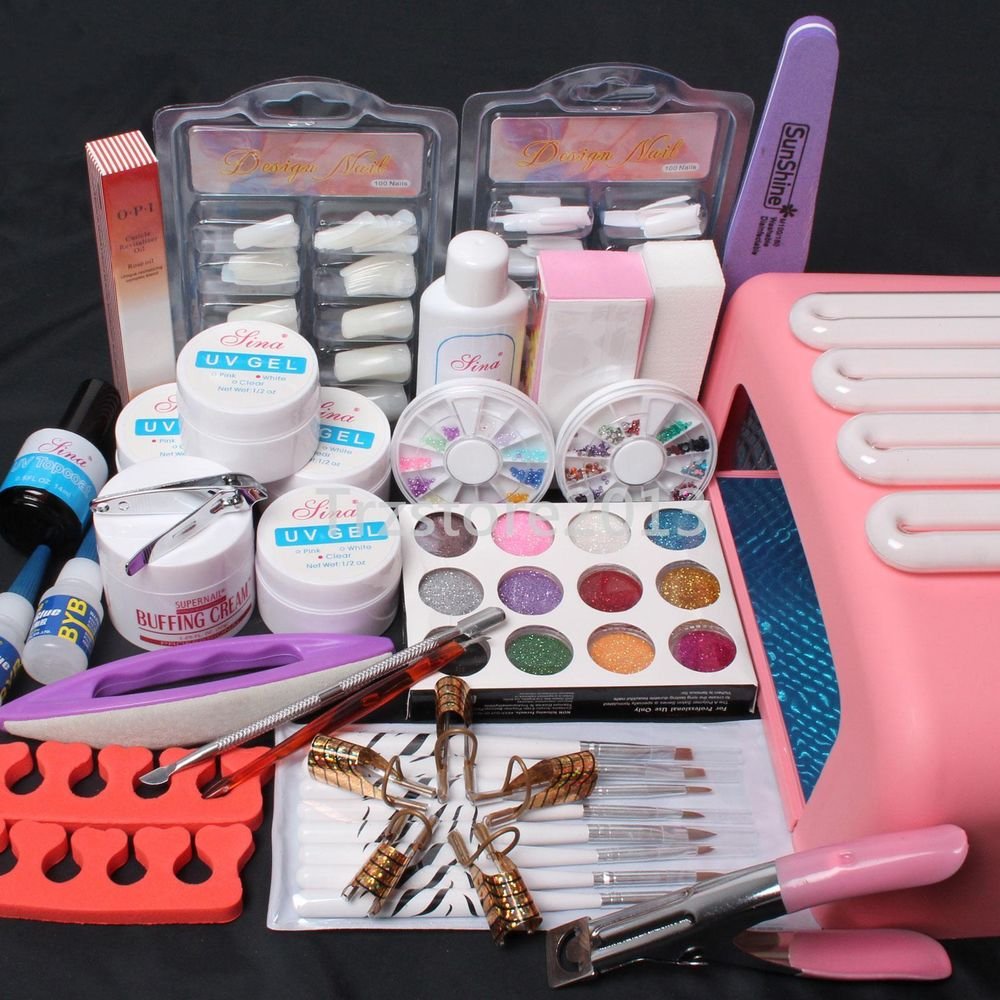 Pro Nail Art Tips Set UV Builder Gel Brush 36W Timer Dryer Lamp Decorations Tool
