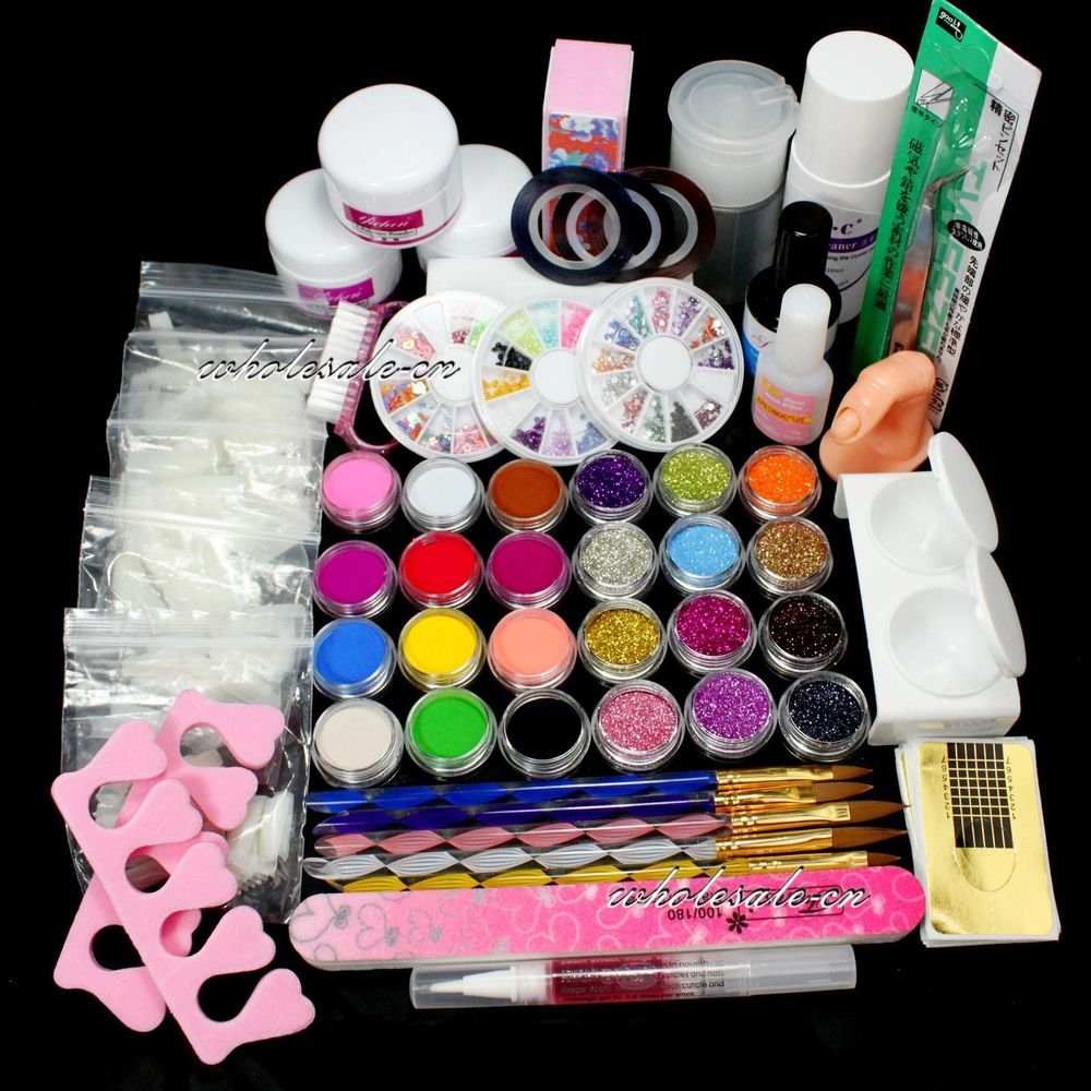 DIY Full Nail Art Set Acrylic Glitter Powder Primer Tips Brush Glue Dust Kit Set