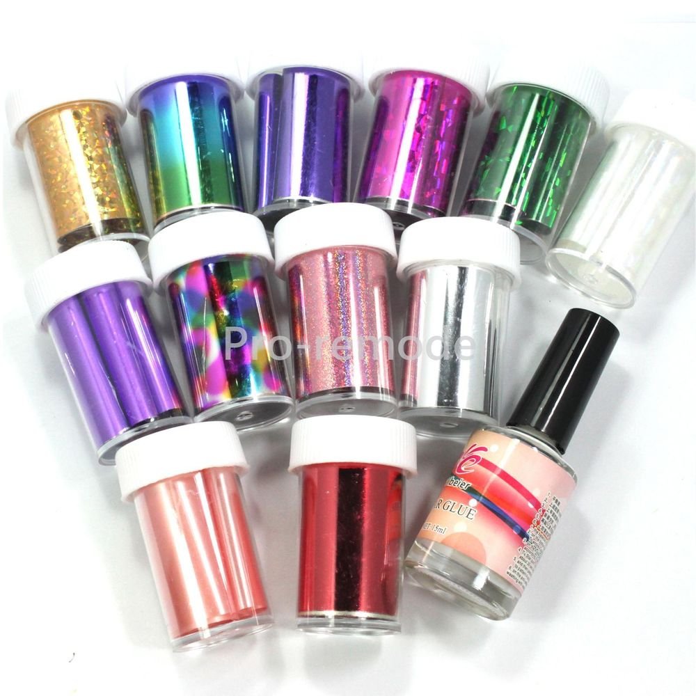 2 IN 1 12 Colors Nail Art Transfer Foil Sticker Roll Nail Tips Glue Adhesive Set