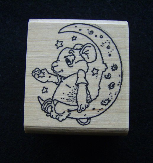 Mouse on the Moon Green Cheese Rubber Stamp Wood Mounted New