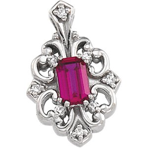 14kt White Gold Chatham Created Ruby & Diamond Pendant