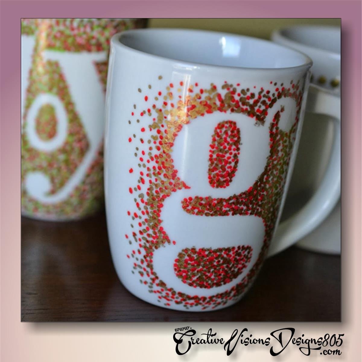 POLKA DOTS INITIAL SHILOUETTE - hand decorated coffee mug