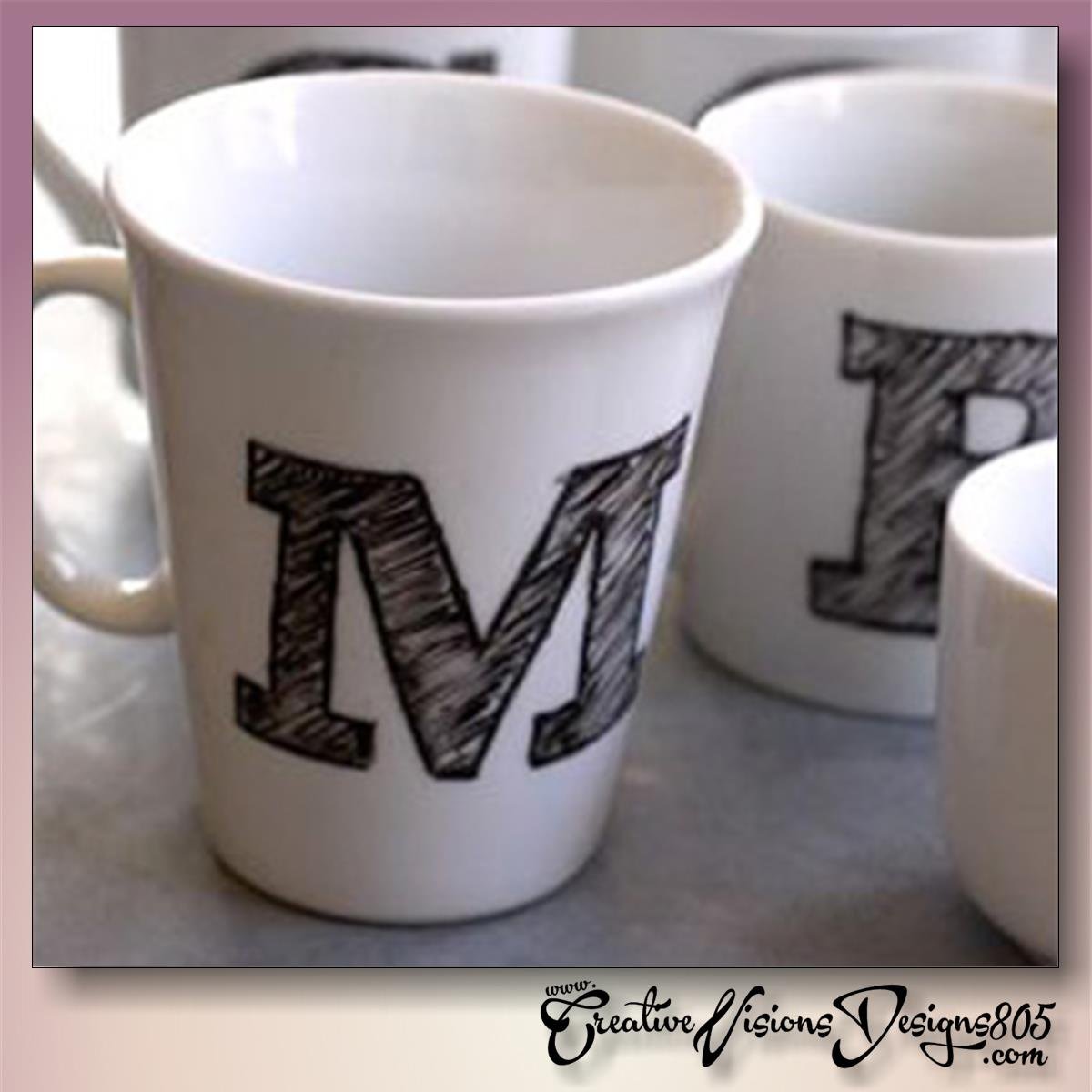 PEN SKETCHED INITIAL - hand decorated coffee mug