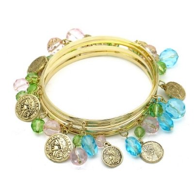 MULTI COLOR BEADED COINS GOLD BANGLE BRACELET SET