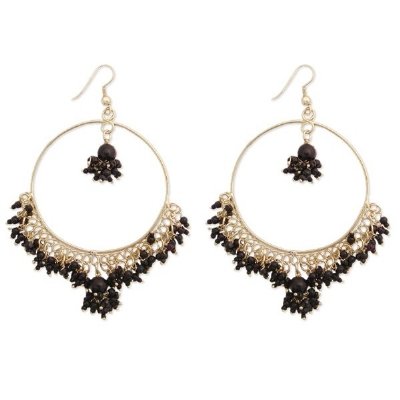 LARGE BLACK SEED BEAD CLUSTER GOLD HOOP EARRINGS