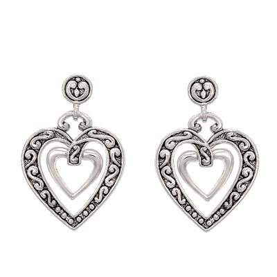 DESIGNER STYLE SCROLLED SILVER DOUBLE HEART EARRINGS