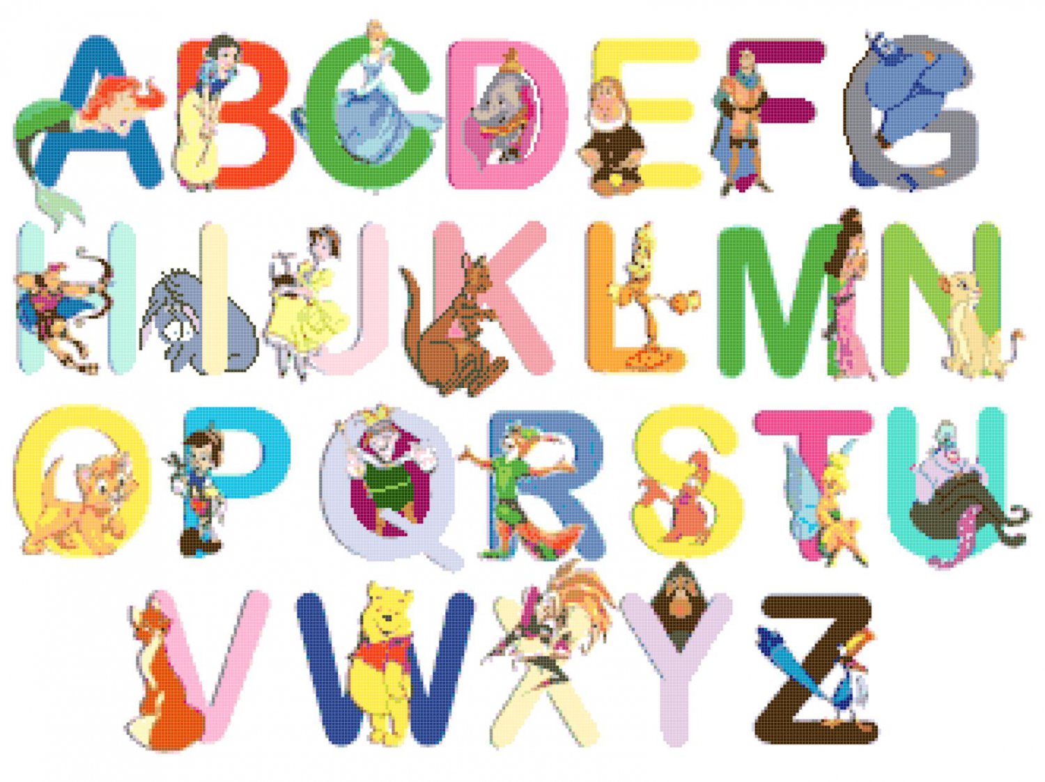 Alphabet Disney characters 23.64" x17.71" Cross Stitch Pattern Pdf C464