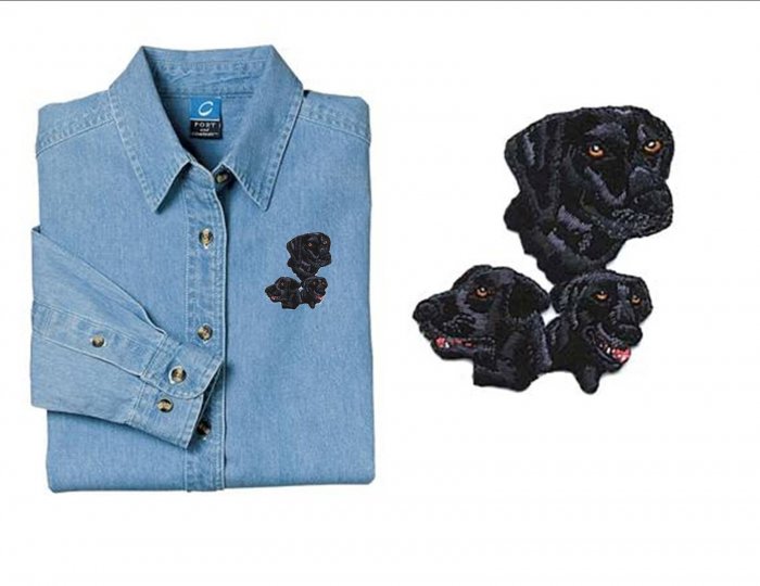 Black Lab Dog Ladies Embroidered Appliqué Denim Shirt