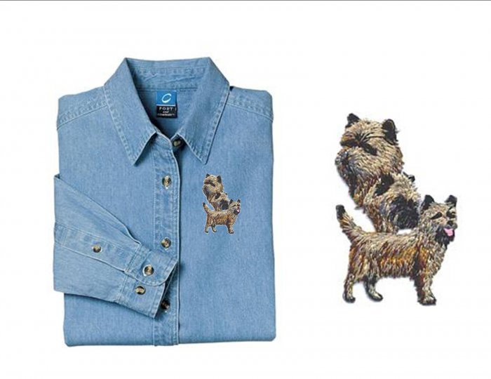 Cairn Terrier Dog Ladies Embroidered Appliqué Denim Shirt