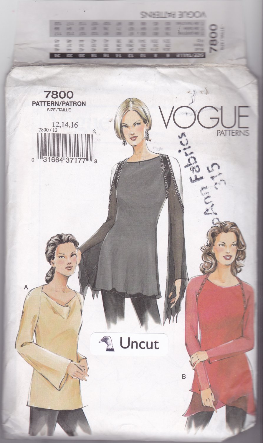Vogue 7800 Pattern Uncut 12 14 16 Fitted Dressy Bias Top Bell or Shaped or Long Sleeves