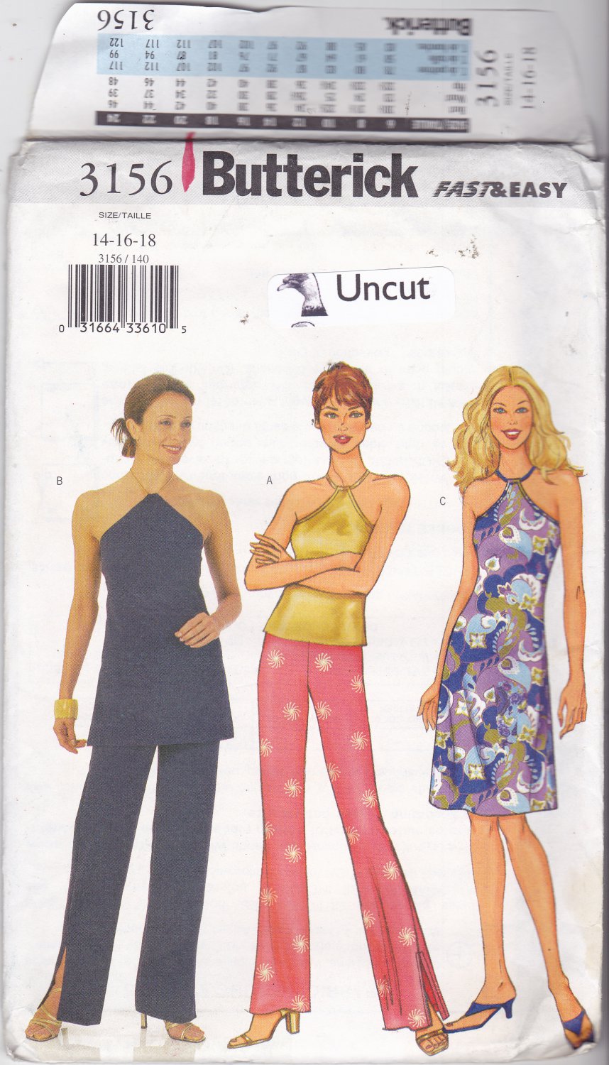 Butterick 3156 Pattern Uncut FF 14 16 18 Evening Halter Top Dress Straight Leg Pants