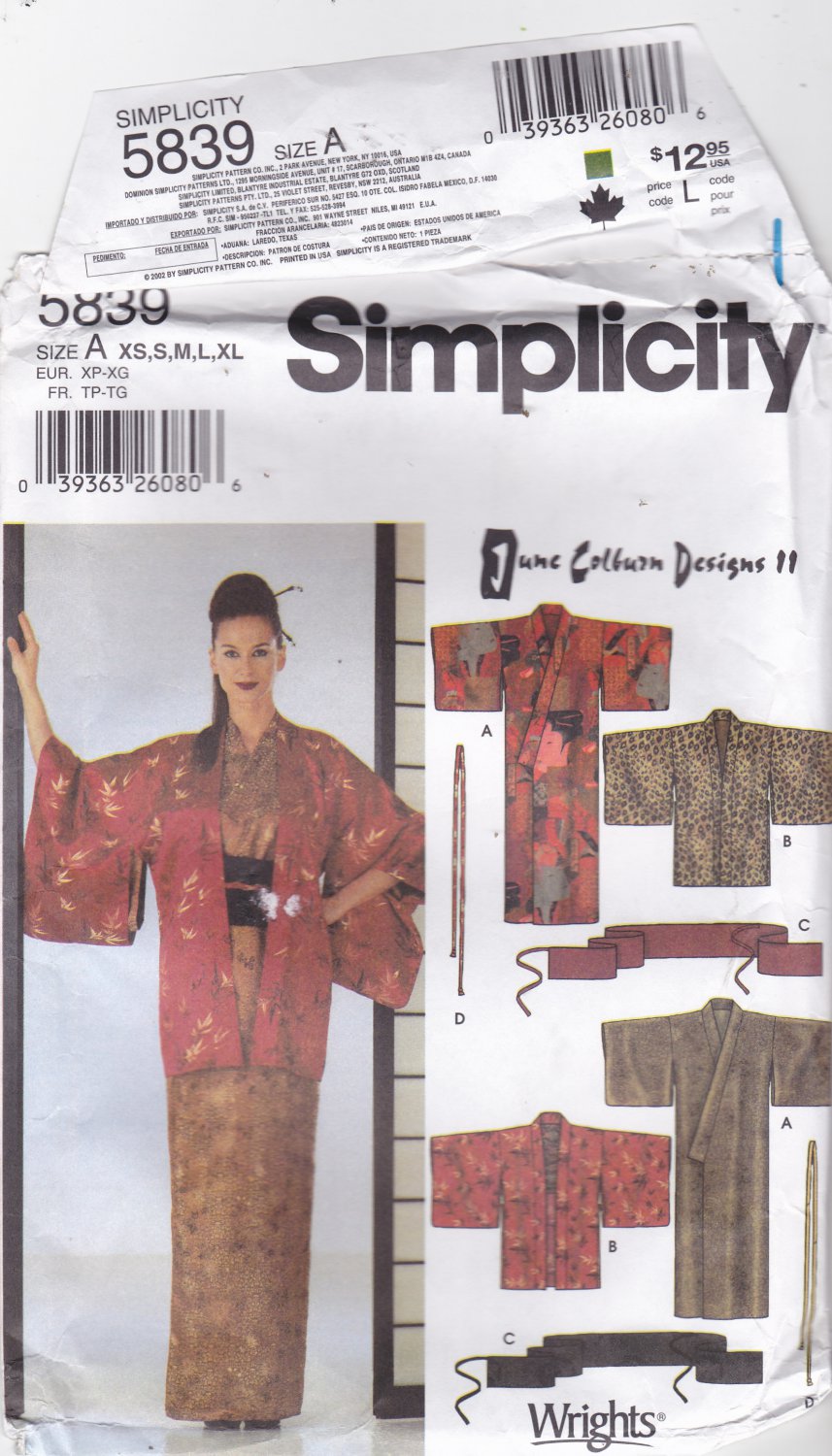 Simplicity 5839 Kimono Haori Sash Tie Pattern June Colburn XS S M L XL uncut