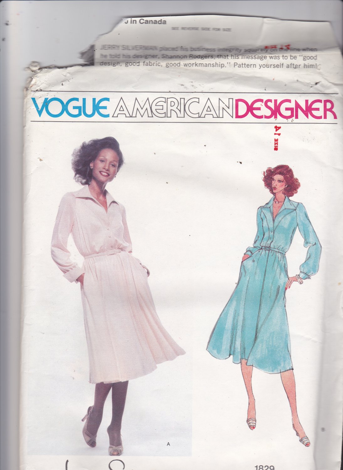 Vogue 1829 Pattern Uncut FF 14 American Designer Jerry Silverman Shirtwaist Dress