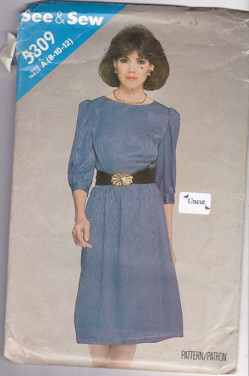 Butterick See & Sew 5309 Pattern Uncut 8 10 12 Mock Wrap Dress Puffy Sleeves Button Cuffs