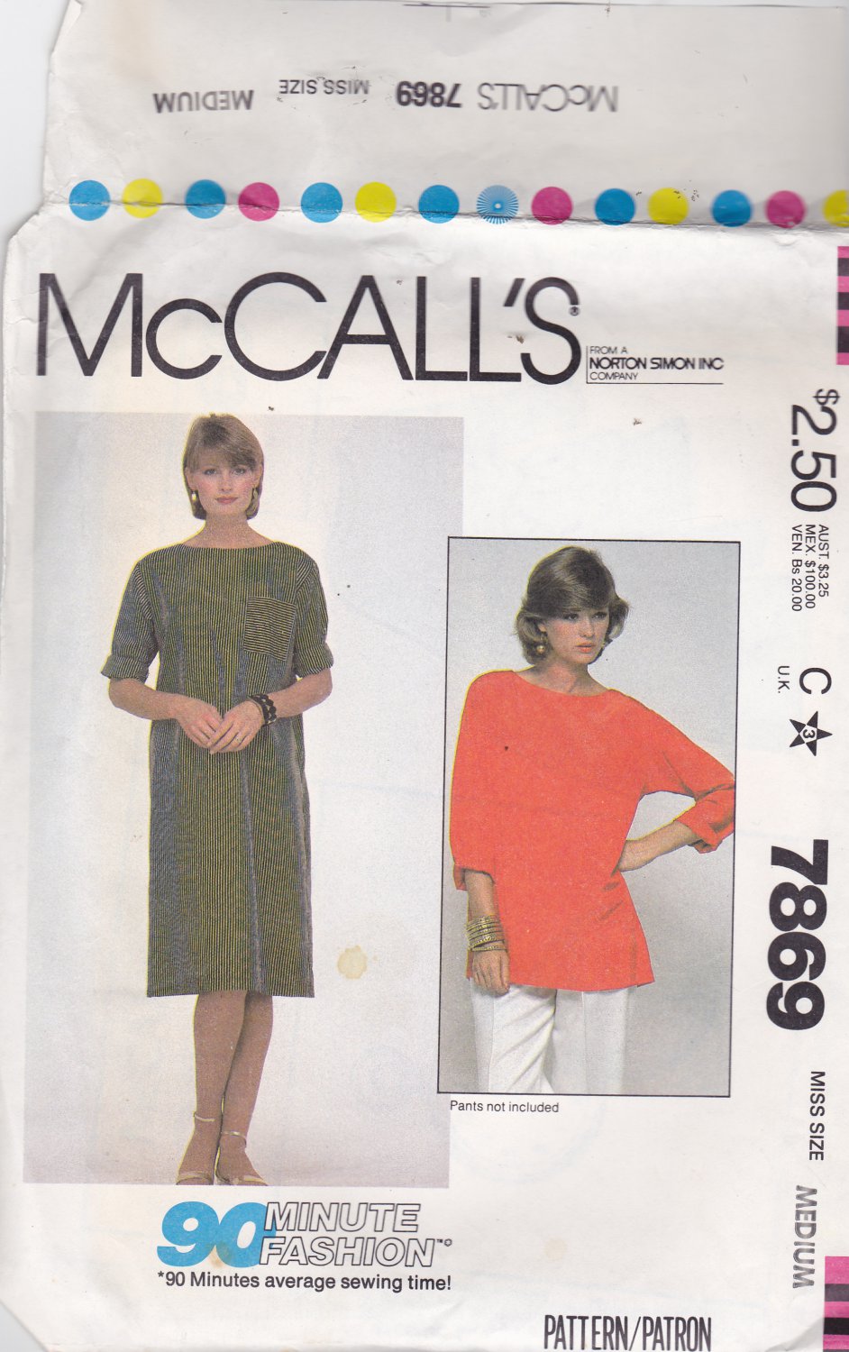 McCall's 7869 Pattern Uncut FF Medium 14 16 Pullover Loose Fit Dress or Tunic Modest Easy to Sew