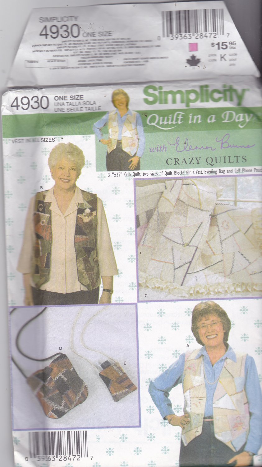 Simplicity 4930 Pattern Uncut FF Crazy Quilt Eleanor Burns Vest Evening Bag Cell Phone Pouch