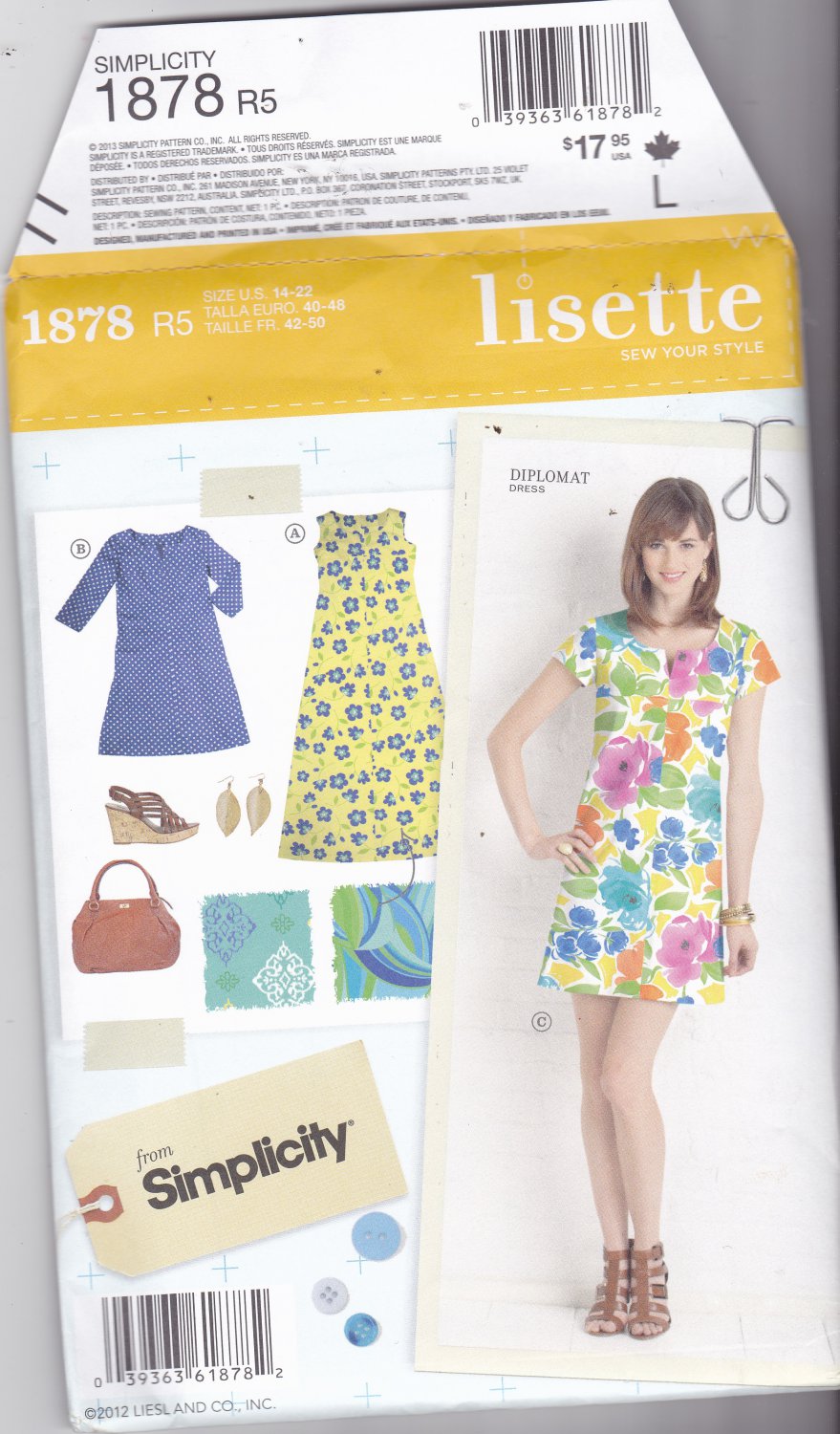 Simplicity 1878 Pattern Uncut FF 14 16 18 20 22 plus Lisette Diplomat Dress Mini Maxi