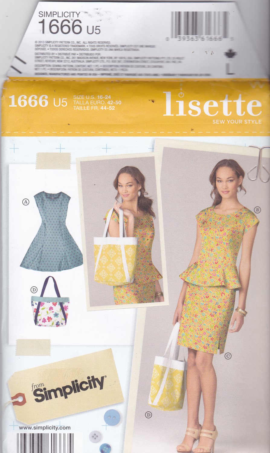 Simplicity 1666 Pattern Uncut FF 16 18 20 22 24 plus Lisette Dress Peplum Top Skirt Bag