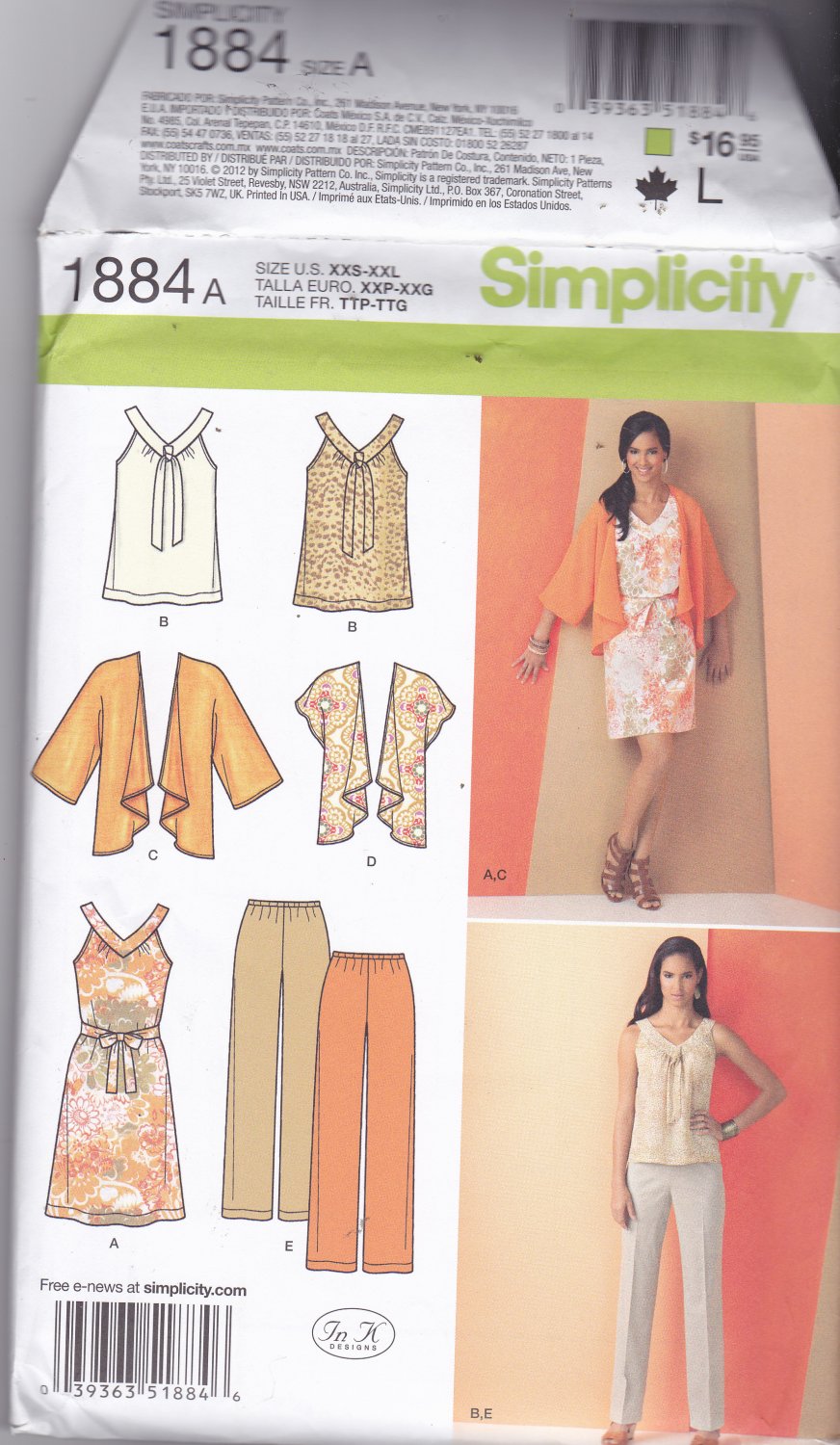 Simplicity 1884 Pattern Uncut FF xxs thru xxl Pants Top Dress Kimono Separates In K Designs