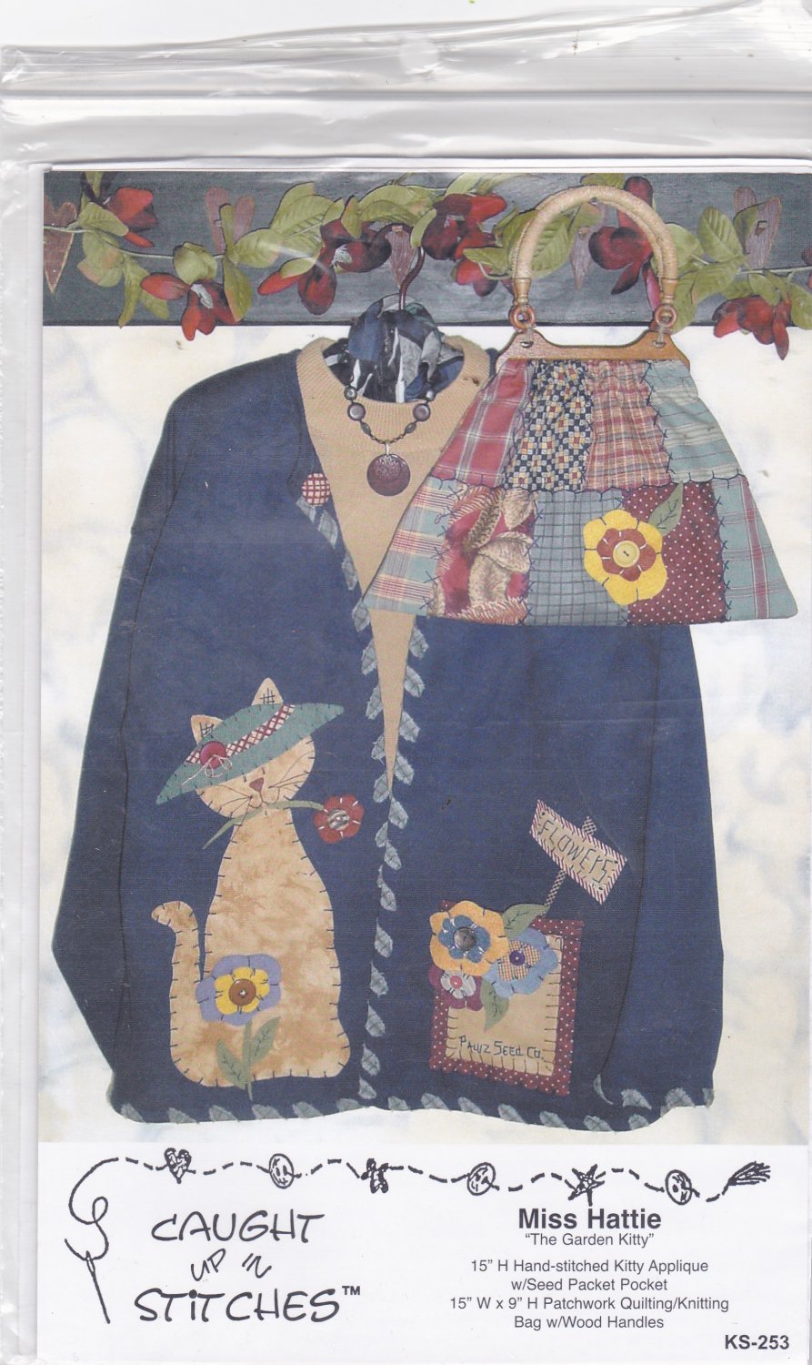 Miss Hattie Garden Kitty Pattern Uncut FF Caught Up In Stitches to make Applique Sweatshirt Bag