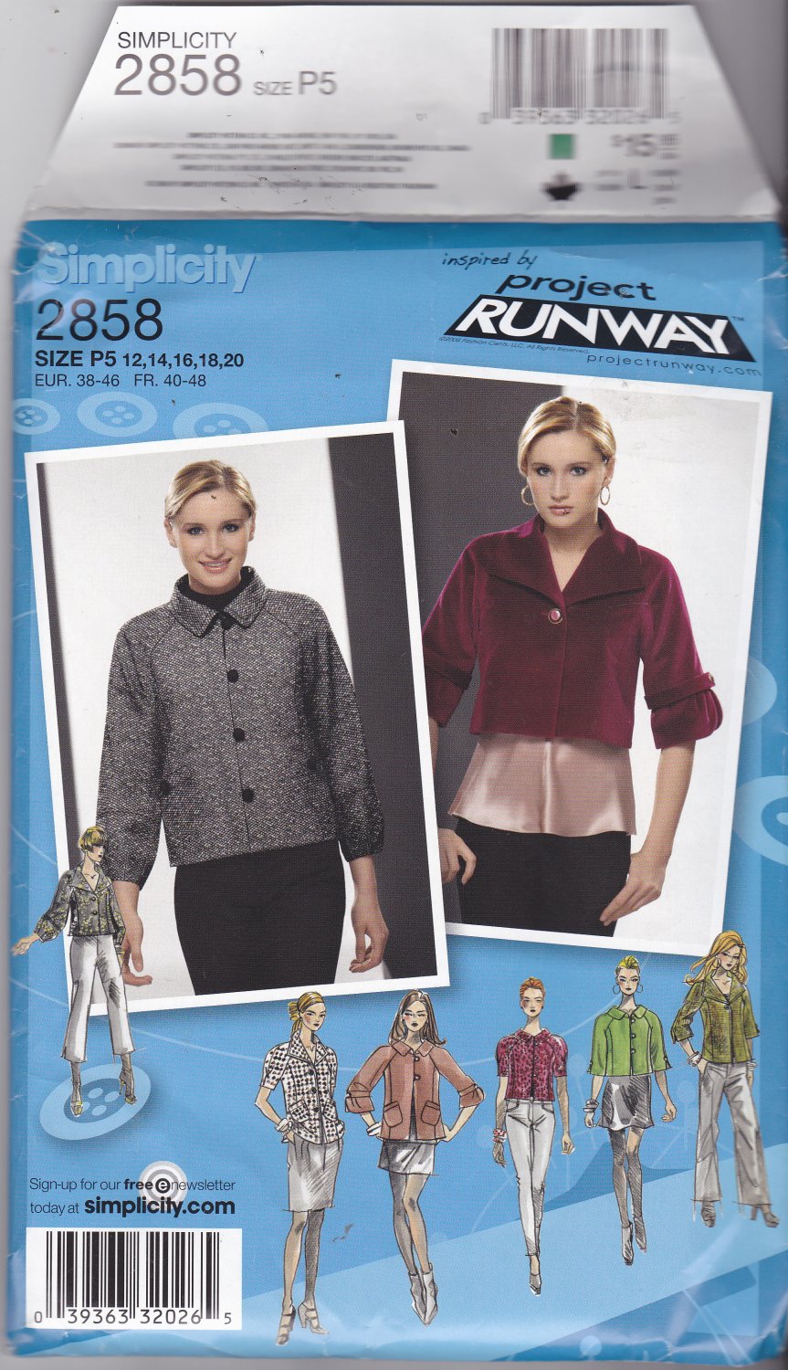 Simplicity 2858 Pattern Uncut FF size 12 14 16 18 20 plus Lined Jackets Project Runway