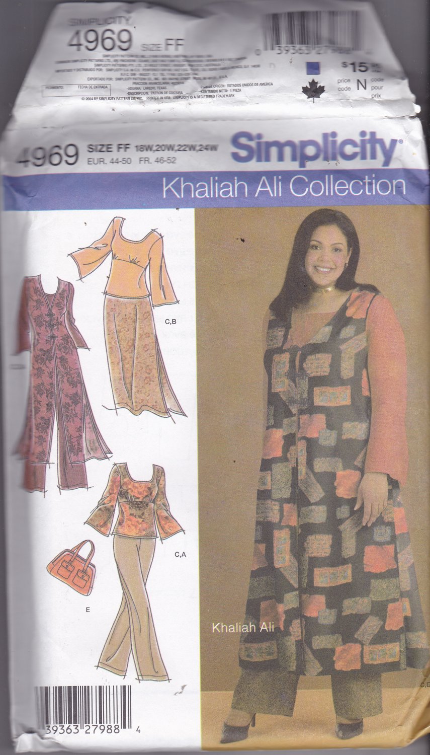 Simplicity 4969 Pattern Uncut FF 18W 20W 22W 24W Khaliah Ali Duster Pants Tunic Skirt Bag