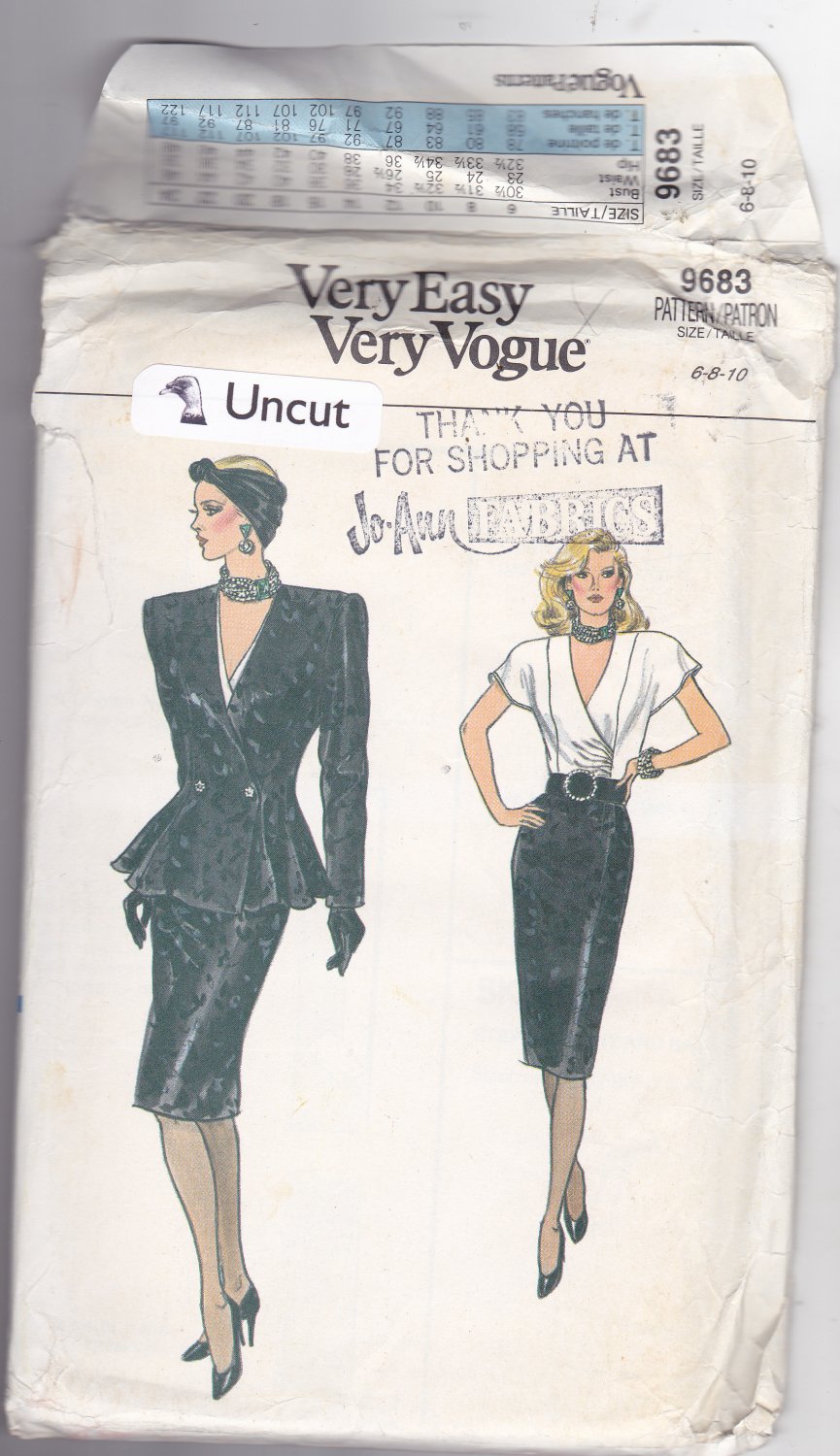 Vogue 9683 Pattern Uncut 6 8 10 Jacket Top Skirt Shoulder Pads Princess Seams Asymmetrical