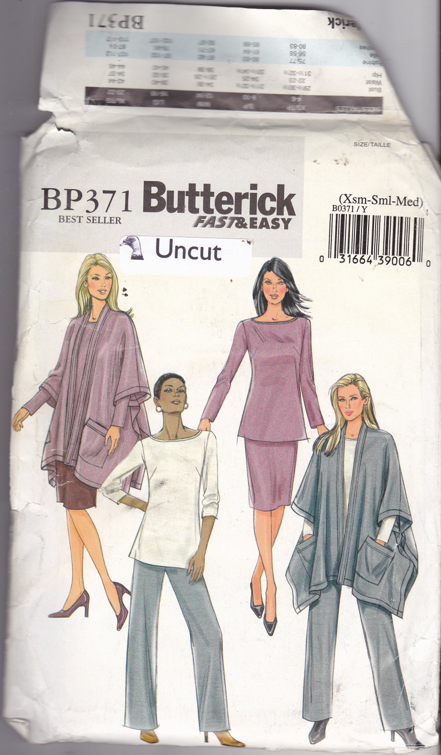 Butterick BP371 Pattern uncut xs small medium Poncho-Style Jacket Tunic Skirt Pants