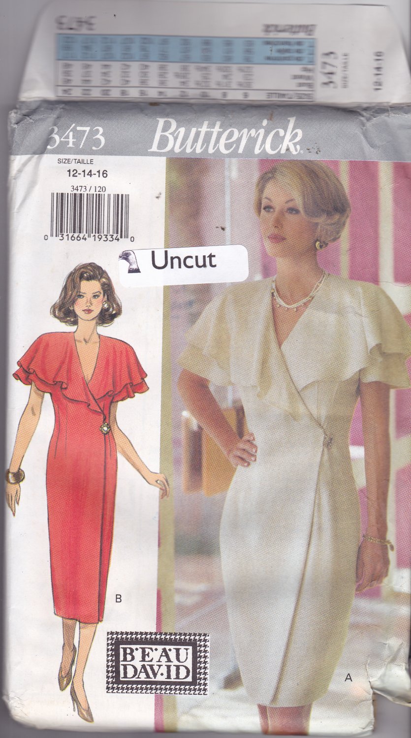 Butterick 3473 Pattern 12 14 16 uncut Semi-Fitted Wrap Dress Flouncy Sleeves Evening