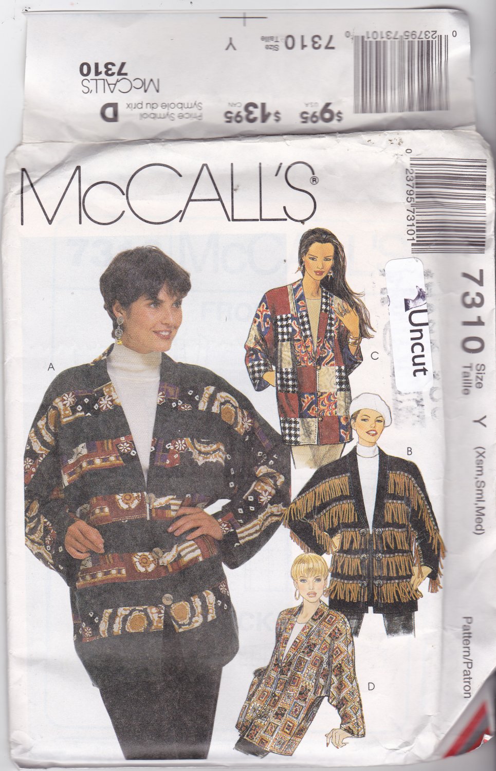 McCall's 7310 Pattern XS S M Uncut Jackets Dolman Sleeves Ribbon Fringe Button Frog Concho Patchwork