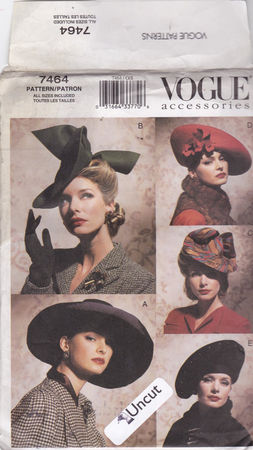 Vogue 7464 Pattern Uncut Retro Hats Modern Pattern for 1930s 1940s Style Hats