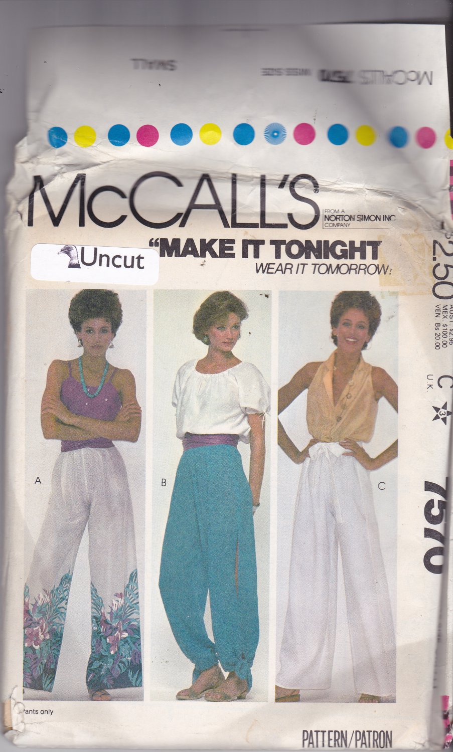McCall's 7570 Pattern small Uncut Border Print Pants Harem Pants Elastic
