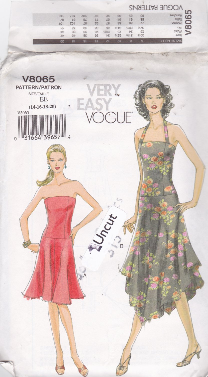 Vogue V8065 Pattern 14 16 18 20 Uncut Sundress Strapless or Halter Dress High Low Shaped Hem