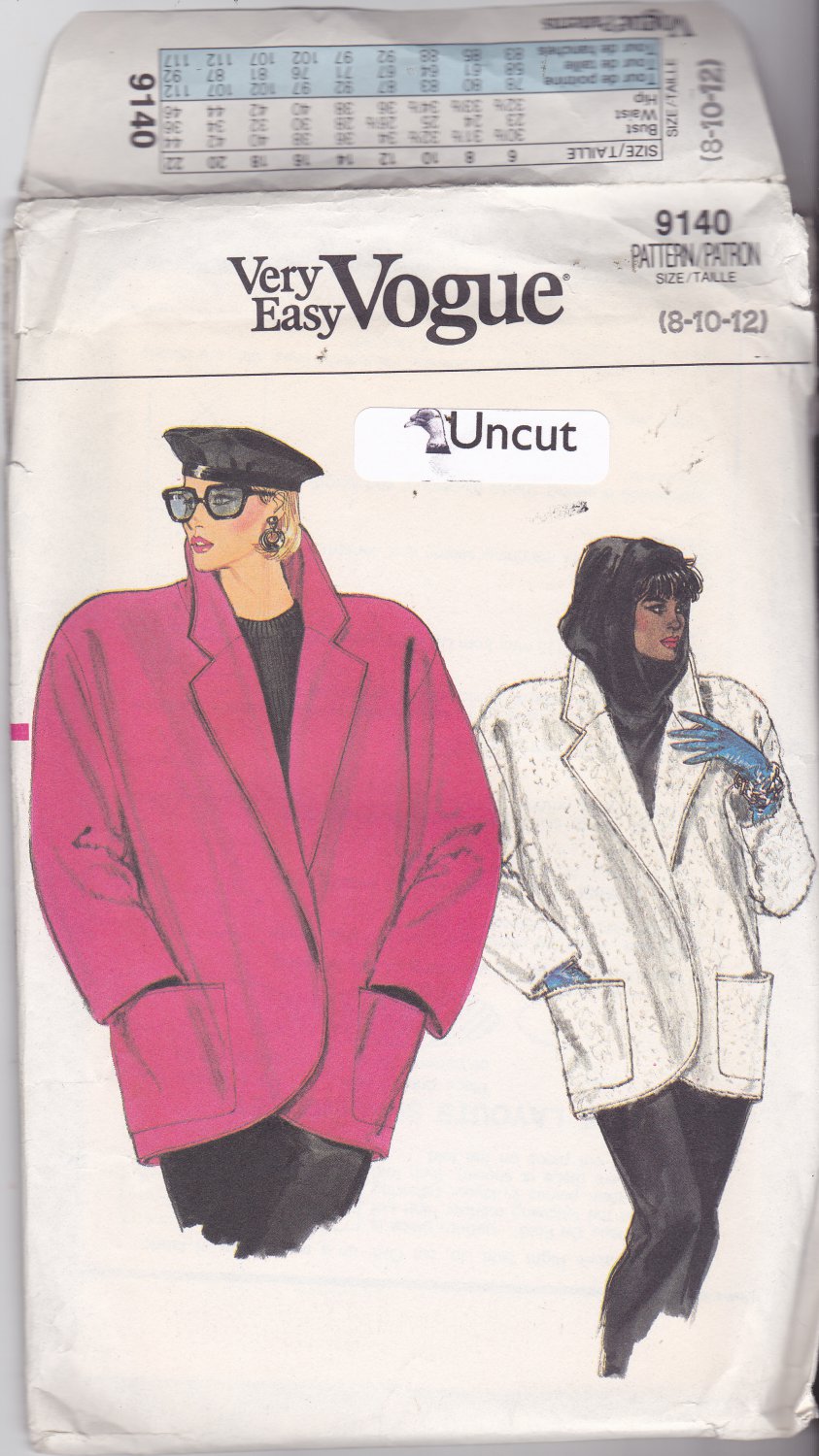 Vogue 9140 Pattern 8 10 12 Uncut Loose Fit Unlined Jacket Dropped Shoulders Patch Pockets