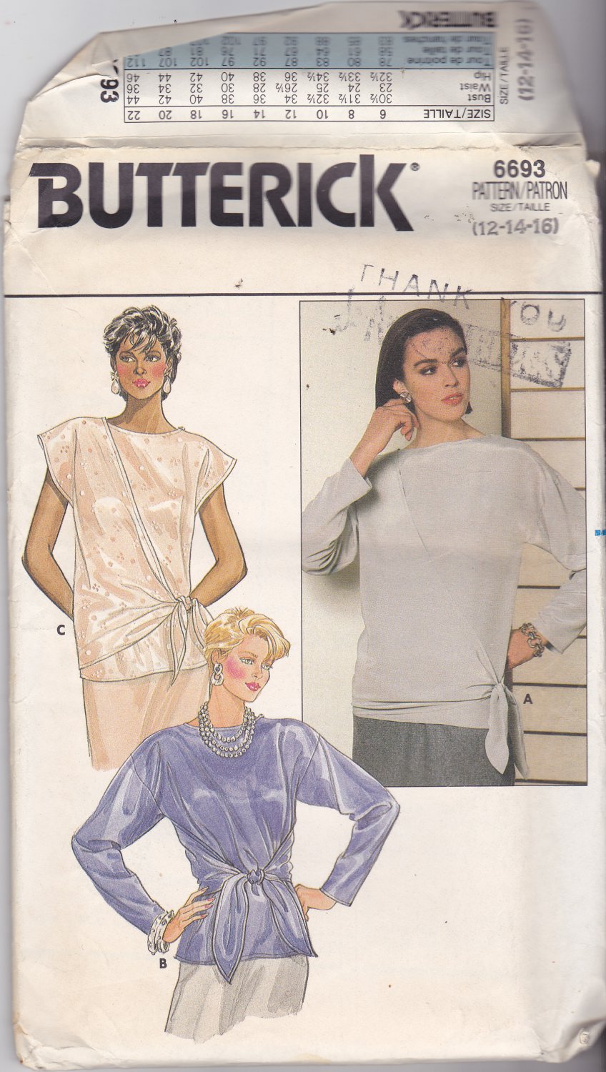 Butterick 6693 Pattern 12 14 16 bust 34 36 38 Uncut Wrap Pullover Top Tie Front
