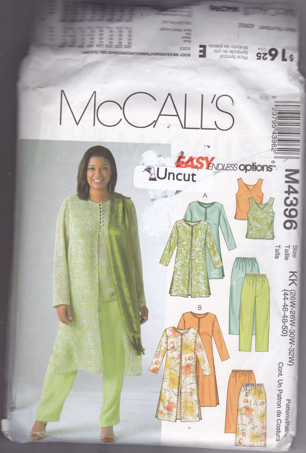 McCall's M4396 Pattern 26W 28W 30W 32W Uncut Sheer Duster Top Skirt Pants Dressy
