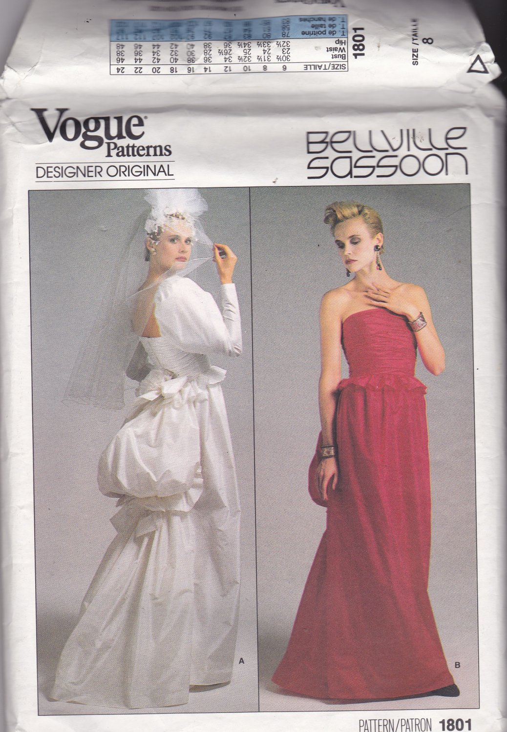 Vogue 1801 Pattern Uncut Size 8 Bust 31.5 Wedding or Formal Dress Bustle Bellville Sassoon Designer