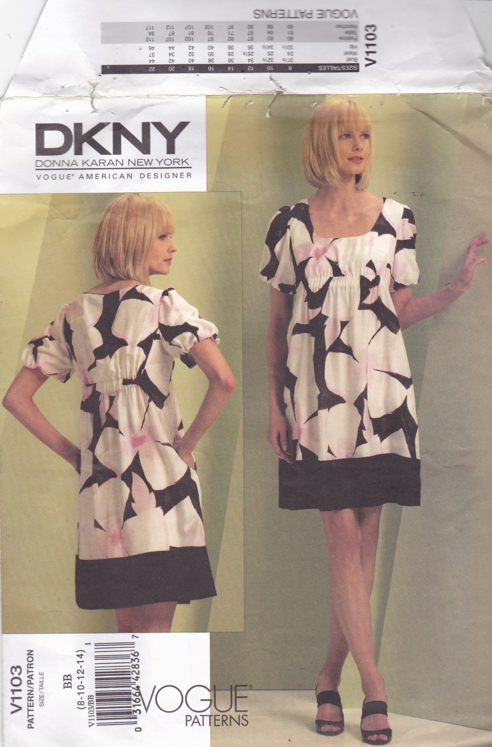 Vogue 1103 Pattern Uncut Size 8 10 12 14 DKNY A-Line Loose Fit Dress Slip Babydoll