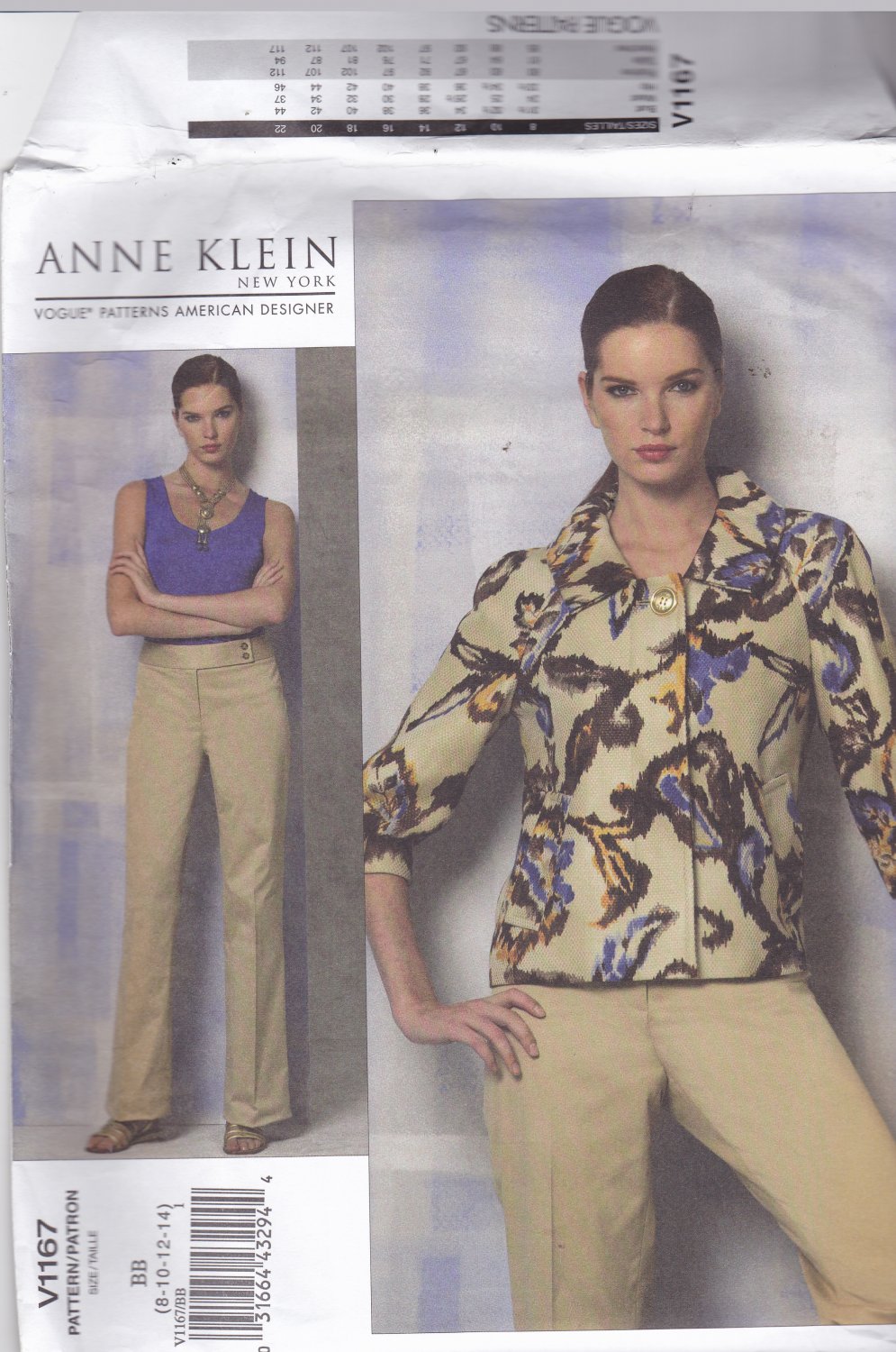 Vogue 1167 Pattern Uncut 8 10 12 14 Anne Klein Lined Above Hip Jacket Top Pants