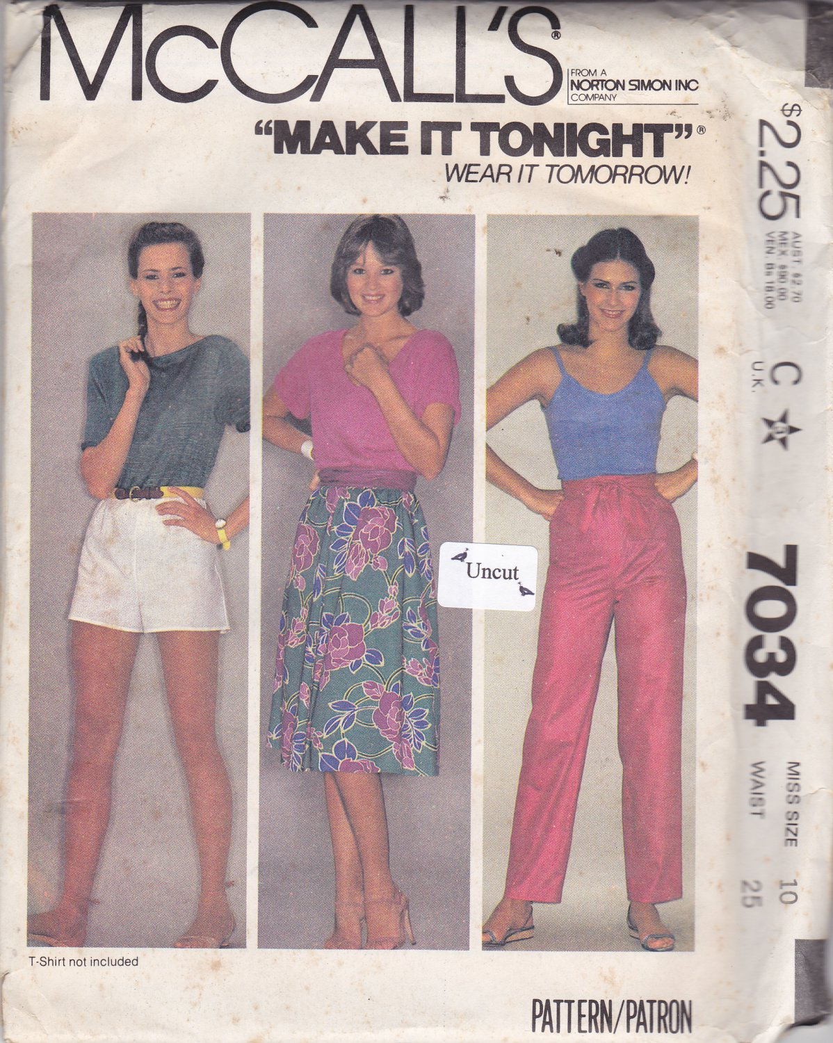 McCall's 7034 Uncut size 10 Waist 25 Flared Midi Skirt Pull On Pants Shorts Tie Belt