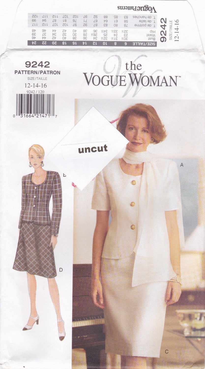 Vogue Woman 9242 Pattern 12 14 16 Fitted Lined Top Skirt Scarf Uncut