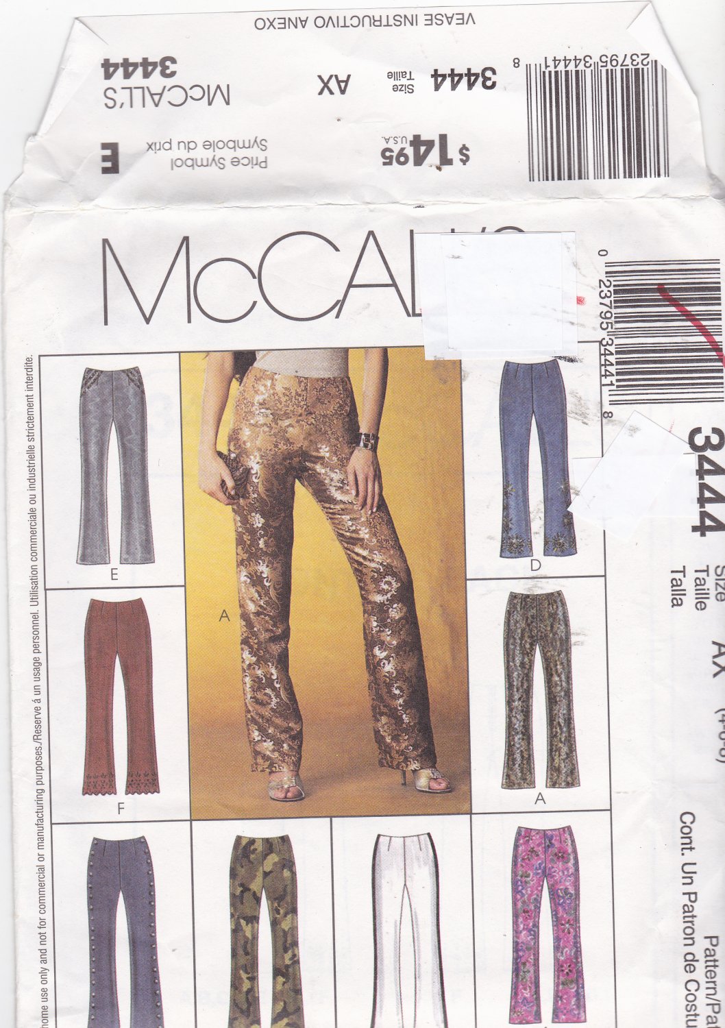 McCall's 3444 Pattern Uncut FF 4 6 8 Low Rise Pants Back Zip Darts