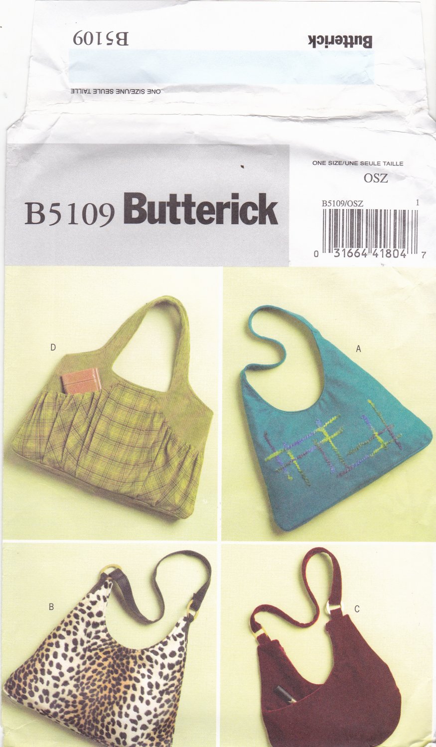 Butterick B5109 Pattern Uncut Large Purses Bags Handbags