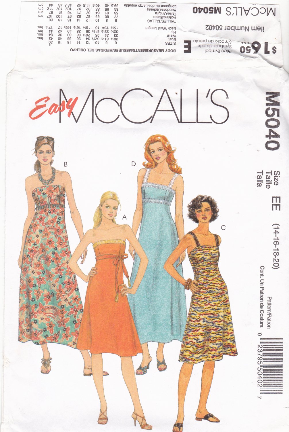 McCall's M5040 Pattern uncut 14 16 18 20 Summer Dresses Straps or Strapless