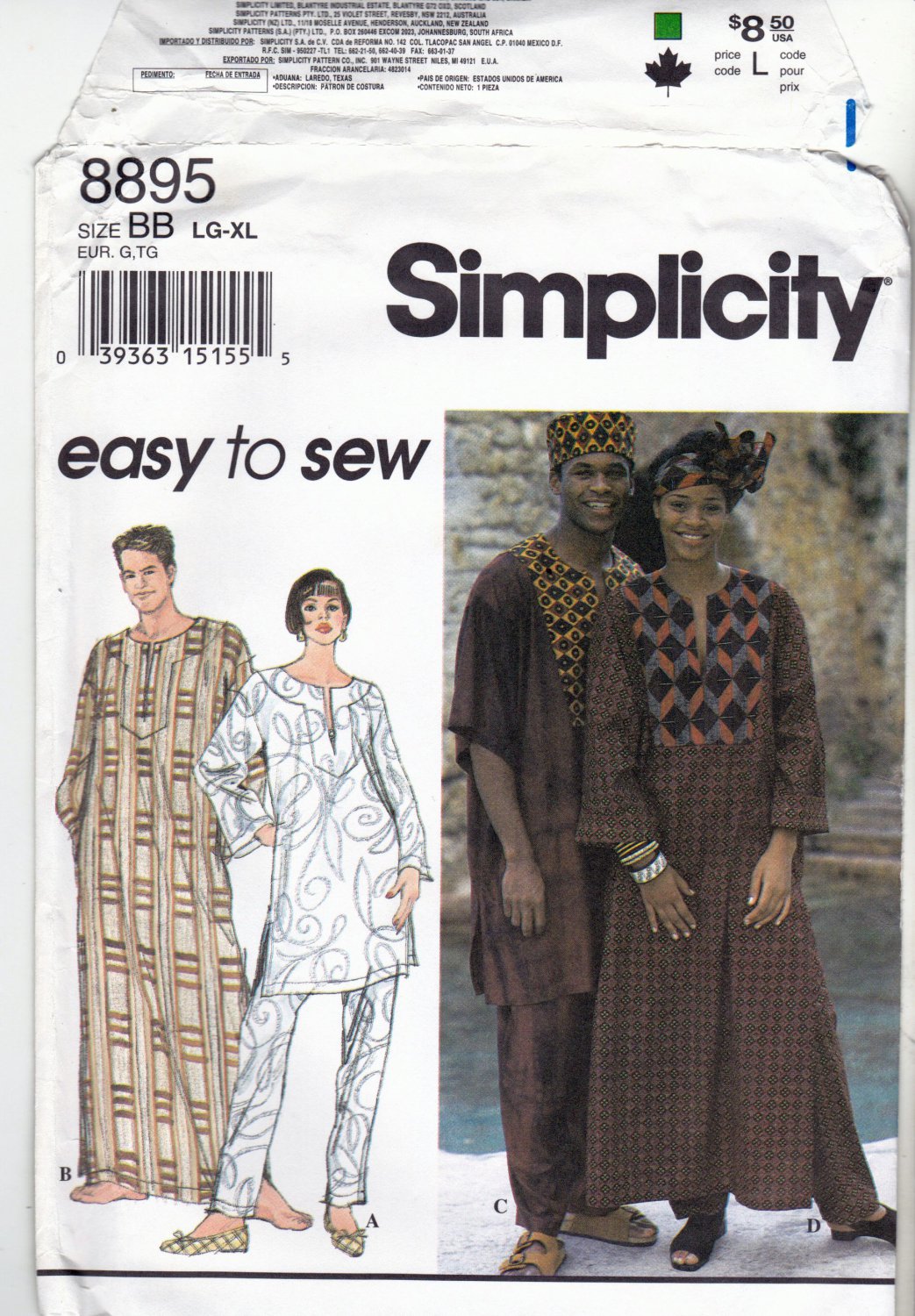 Simplicity 8895 Pattern Uncut Adult L XL Caftan Dashiki Top Pants Hat