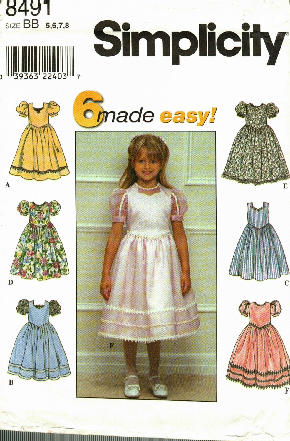 Simplicity 8491 Pattern uncut Girls 5 6 7 8 Party Dress Puff Sleeves Ruffles Lace