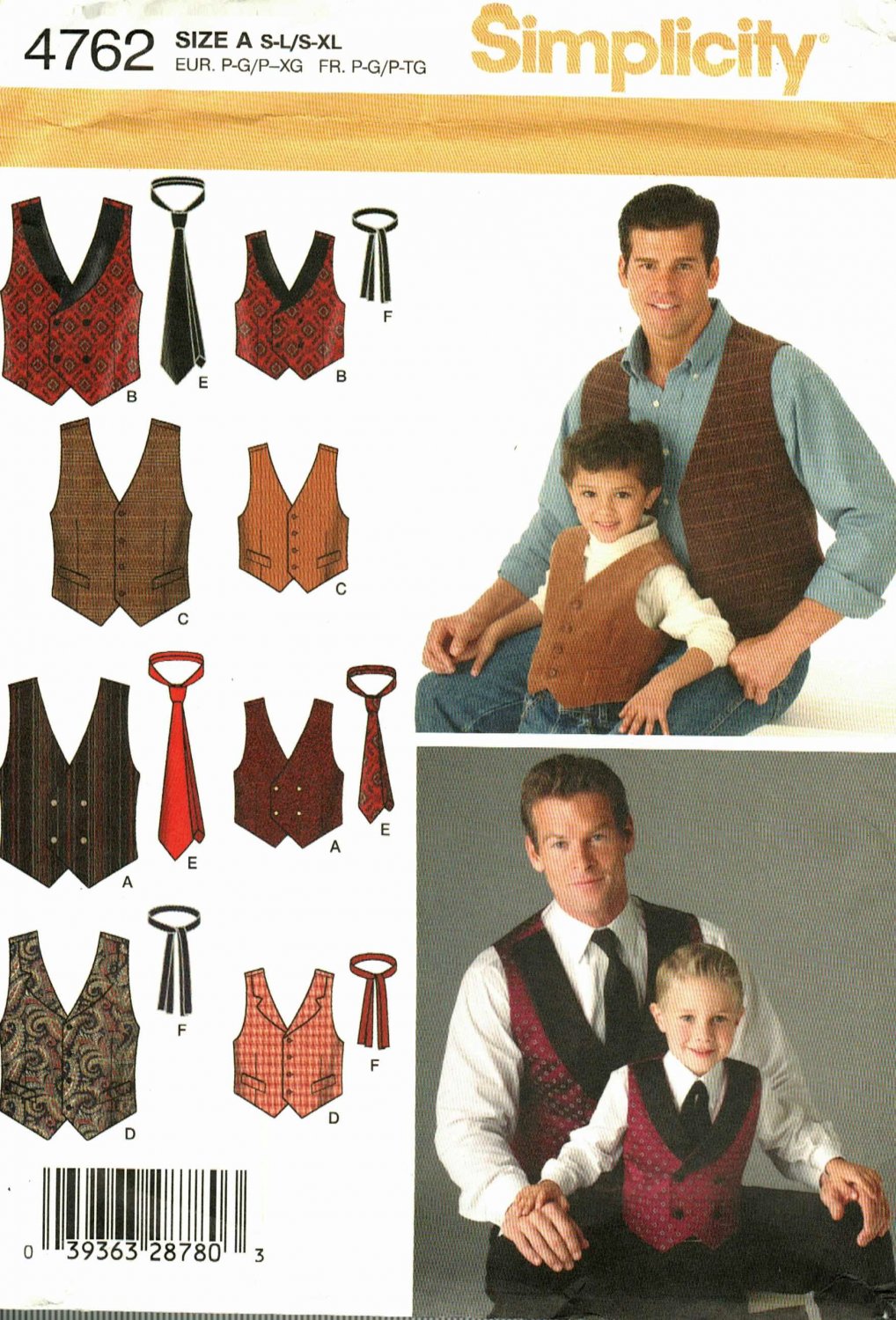 Simplicity 4762 Pattern uncut Boys S M L Men S M L XL Tie and Vest