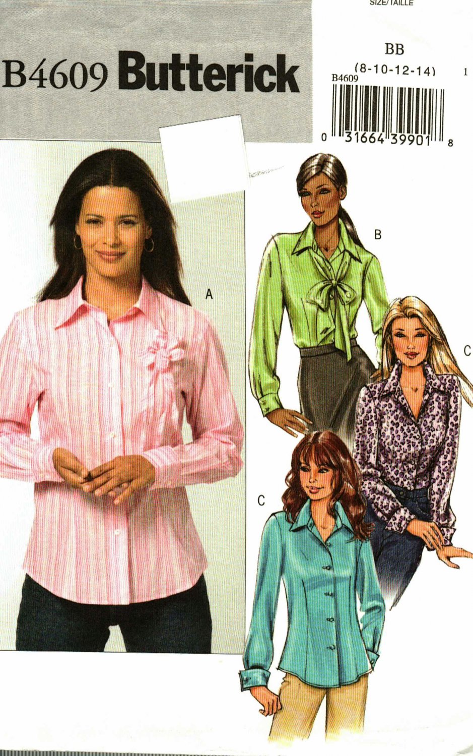 Butterick B4609 Pattern uncut 8 10 12 14 Long Sleeve Shirt Shaped Hem opt. French Cuffs