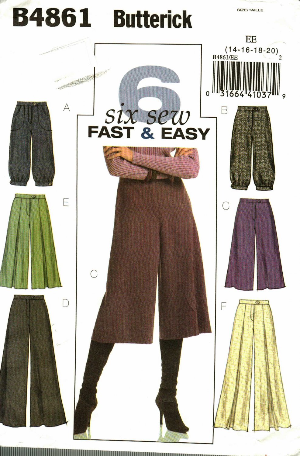 Butterick B4861 Pattern uncut 14 16 18 20 Pants Gauchos Straight Leg or Wide Leg